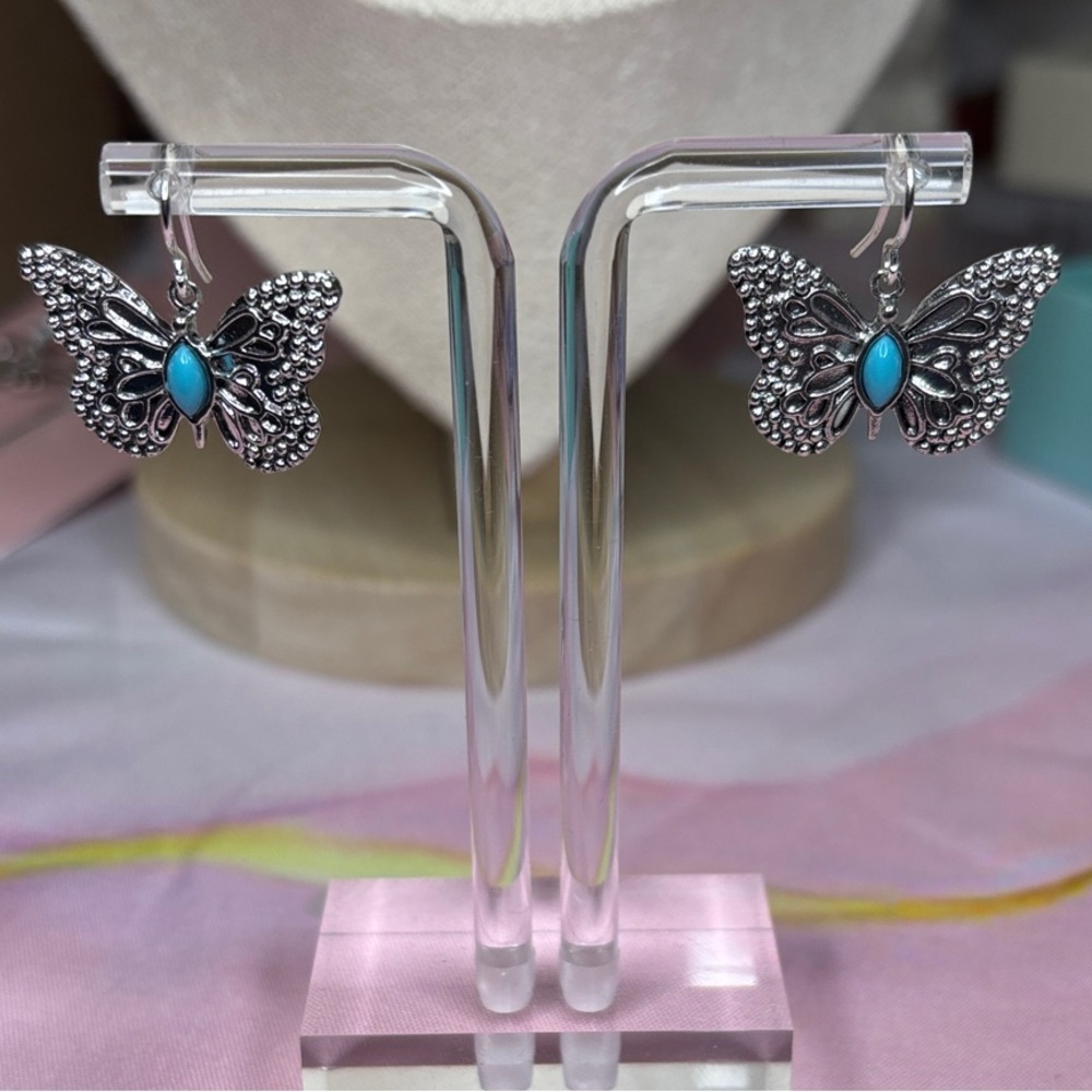 Silver Butterfly Earrings with Turquoise Accents